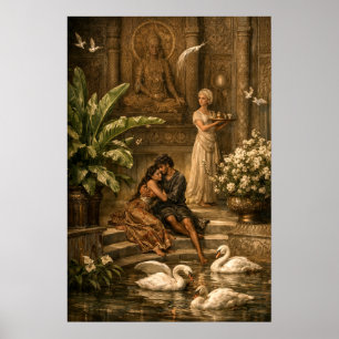 Póster Pareja en el jardín del cisne, orientalismo retro