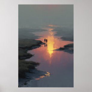 Póster Pareja en Silueta Reflejo del Arroyo al Atardecer