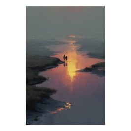 Póster Pareja en Silueta Reflejo en Corriente al Atardece