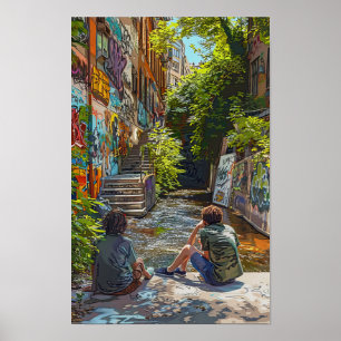 Póster Pareja joven contemporánea sentada en un post igno