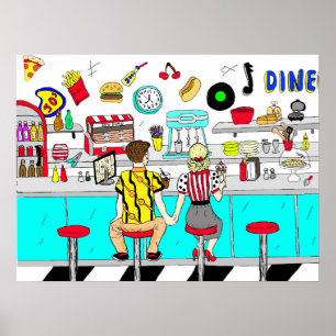 Póster Pareja Mano Retro Nostálgico Cincuenta Diner