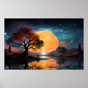 Póster Pareja observando el sol junto al lago