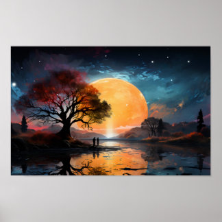 Póster Pareja observando el sol junto al lago