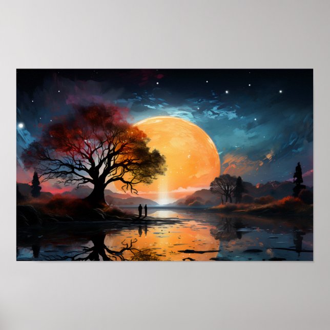 Póster Pareja observando el sol junto al lago (Frente)