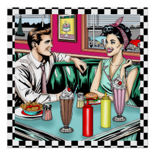 Póster Pareja retro de los años 1950 en Diner