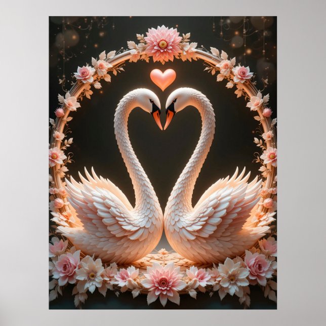 Póster Pareja romántica de elegantes cisnes entre flores  (Frente)