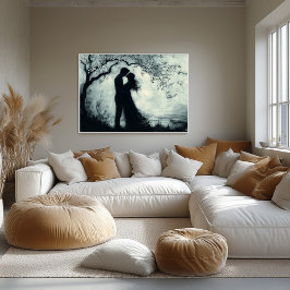 Póster Pareja romántica de silueta bajo árbol monocromo