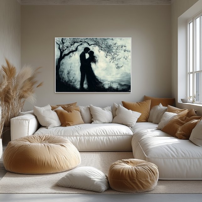 Póster Pareja romántica de silueta bajo árbol monocromo (Subido por el creador)