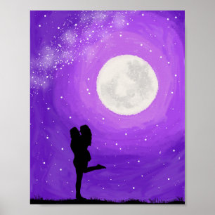 Póster Pareja Romántica Noche Púrpura Luna Llena Estrella
