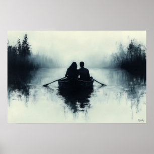 Póster Pareja Romántica Remando en un Lago Brumoso Minima