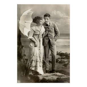 Póster Pareja romántica vintage con parasol