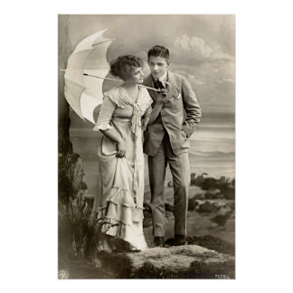 Póster Pareja romántica vintage con parasol