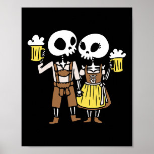 Póster Pareja Skeleton animando a la cerveza Halloween