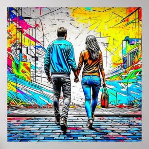 Póster Pareja sosteniendo manos Graffiti urbano