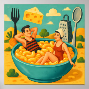 Póster Pareja surrealista nada en un bol de fideos cursis