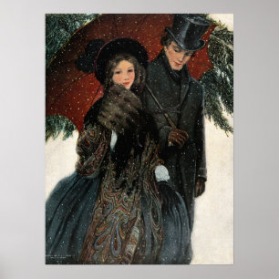 Póster Pareja Victoriana Vintage Caminando en la Nieve
