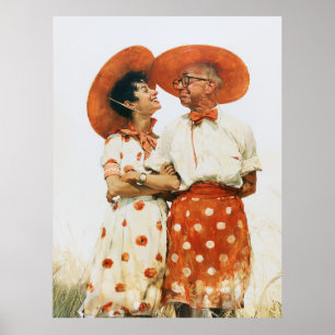 Póster Pareja Vintage de Verano con Sombreros Naranjas