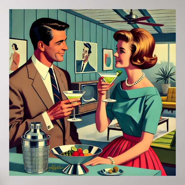Póster Parejas de fiesta de cóctel de mediados de siglo - (Frente)