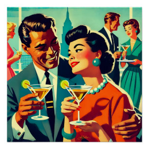 Póster Parejas de fiesta de cóctel de mediados de siglo -