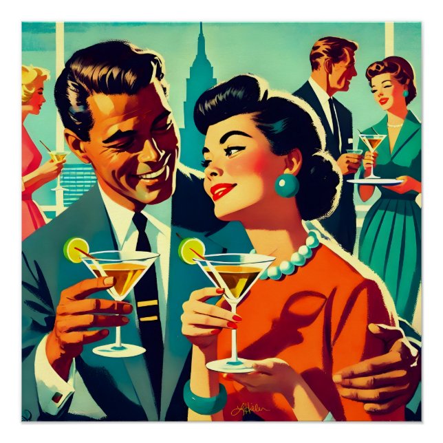 Póster Parejas de fiesta de cóctel de mediados de siglo - (Anverso)
