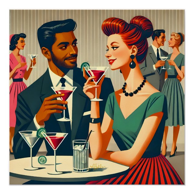 Póster Parejas de fiesta de cóctel de mediados de siglo - (Anverso)