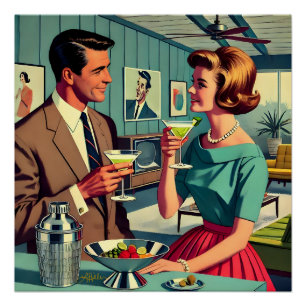 Póster Parejas de fiesta de cóctel de mediados de siglo -