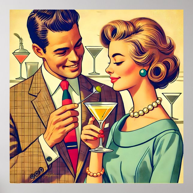 Póster Parejas de fiesta de cóctel de mediados de siglo - (Frente)