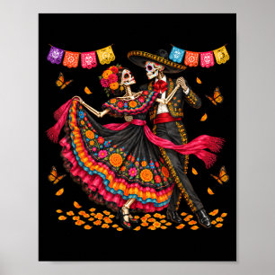 Póster Parejas del día de los muertos bailando esqueletos