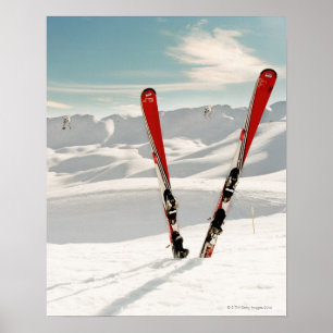 Póster Pares rojos de esquí que se colocan en nieve