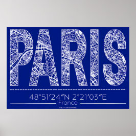 Póster Paris Blueprint Typography Map Poster – Horizontal