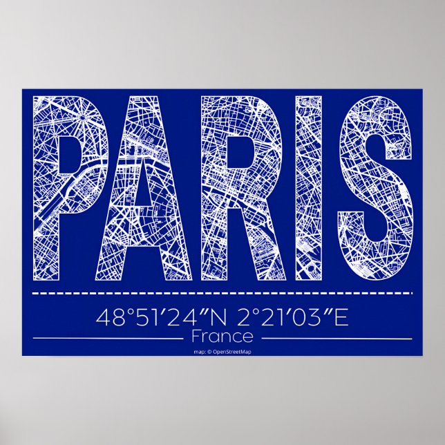 Póster Paris Blueprint Typography Map Poster – Horizontal (Frente)