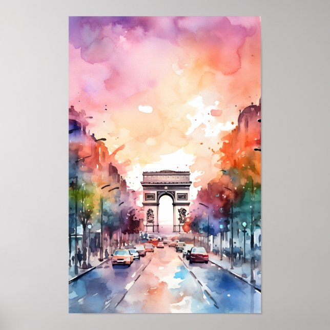 Póster Paris Champ Elysees Watercolour Wall Art Print (Frente)