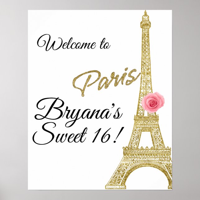Póster Paris Eiffel Tower Gold Sparkle Rosa Rosa Francia (Frente)