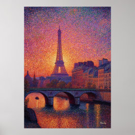 Póster Paris Eiffel Tower Pointillism Sunset Cityscape Ar