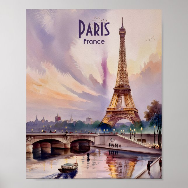 Póster Paris Eiffel Tower Seine River Sunset Watercolor (Frente)