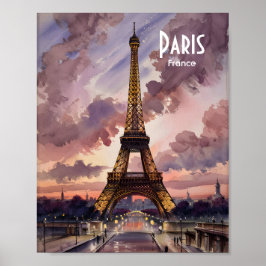 Póster Paris Eiffel Tower Twilight Watercolor Custom Text