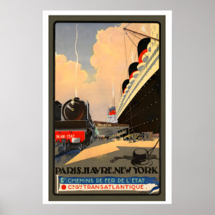Póster París El Havre Nueva York Ferrocarriles del Estado