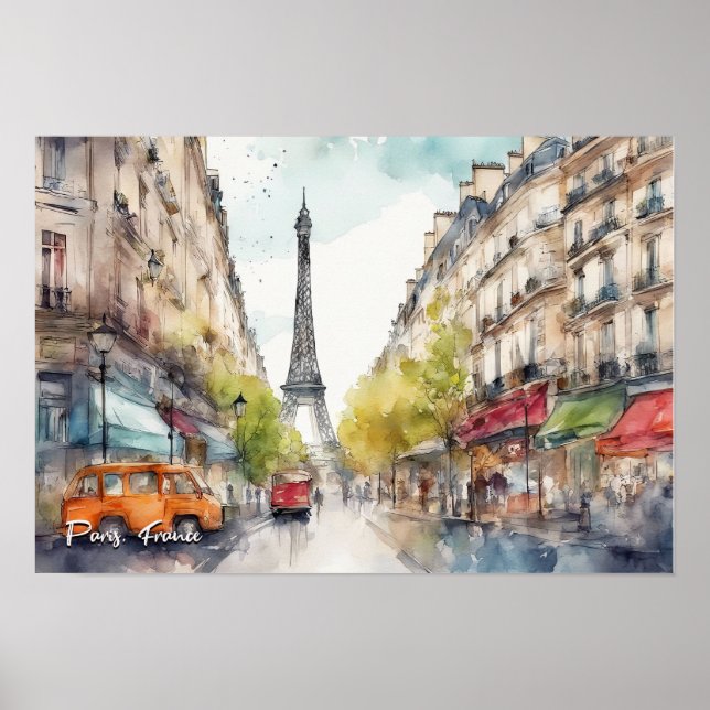 Póster Paris France City Silhouette Watercolor (Frente)