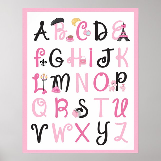 Póster París Francia Alfabeto A a Z en rosa claro (Frente)