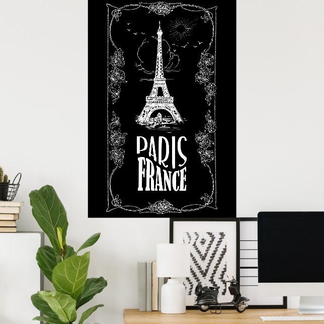 Póster París Francia Blanca sobre el Poster negro (Oficina en casa)