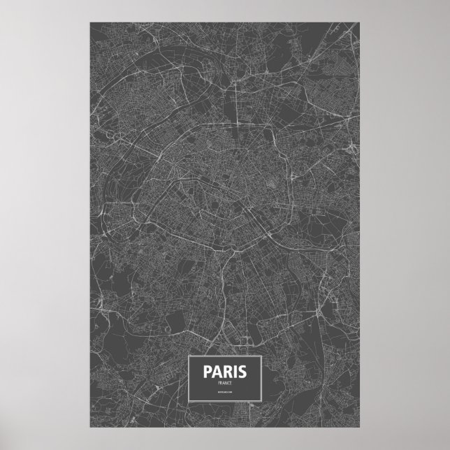 Póster París, Francia (blanco sobre negro) (Frente)