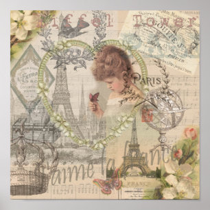 Póster París Francia Bonito Chica Eiffel