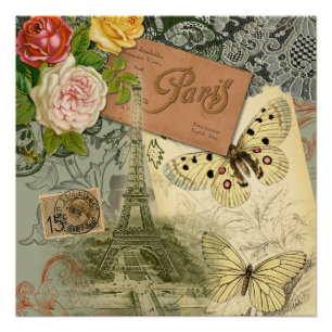 Póster París Francia Collage de arte antiguo Eiffel Franc