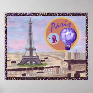 Póster París Francia con la Torre Eiffel, el caniche rosa
