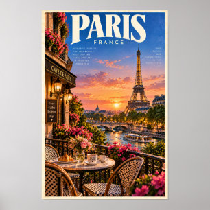 Póster París Francia Torre Eiffel Atardecer Café Viaje Po