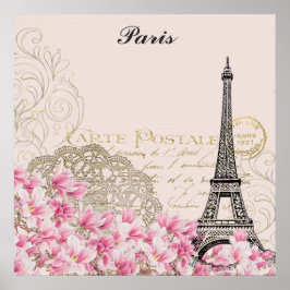 Póster París Francia Torre Eiffel Flores rosas antiguas P