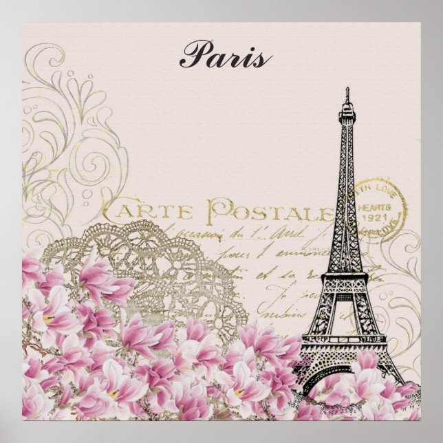 Póster París Francia Torre Eiffel Flores rosas antiguas P (Frente)