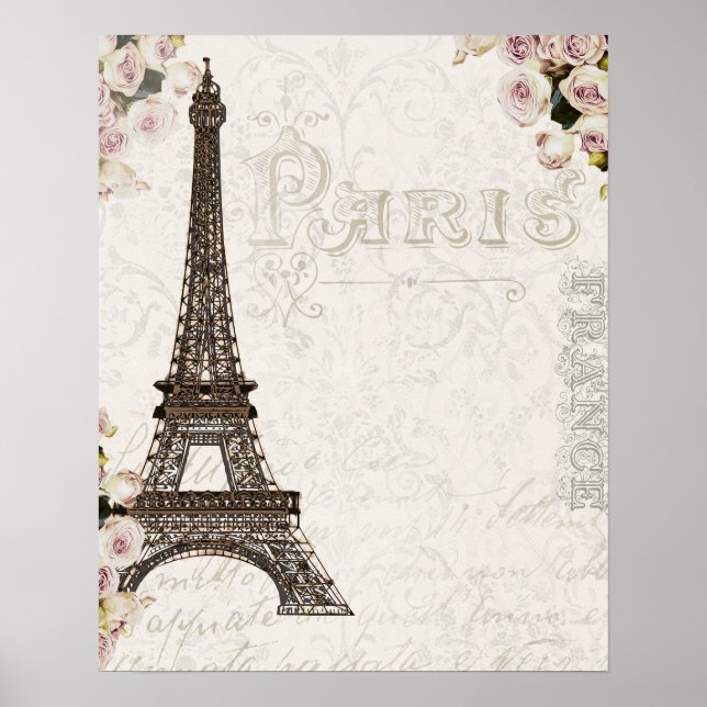 Póster París Francia Torre Eiffel Rosas Rosadas Chic Glam (Frente)