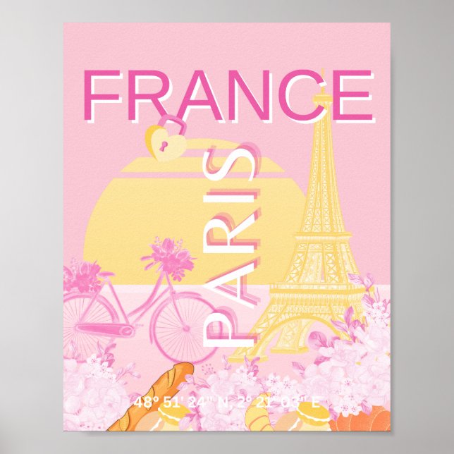Póster París, Francia, Viajes, Preppy, Rosa (Frente)