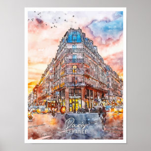 Póster París Francia vintage acuarela de viaje
